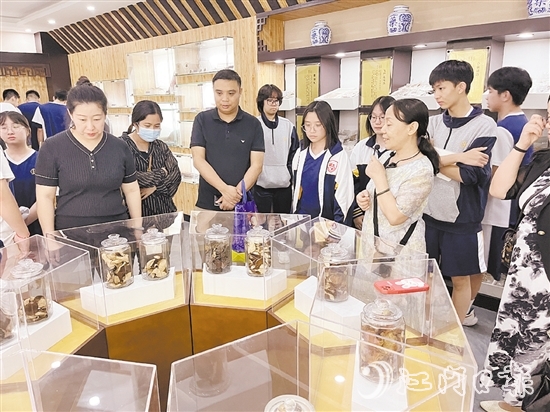 講解員向參觀者們講解標本瓶里的珍貴藥材。