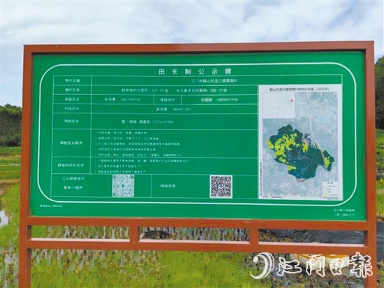 田長制公示牌列出田長信息、工作職責(zé)和永久基本農(nóng)田的位置等內(nèi)容。