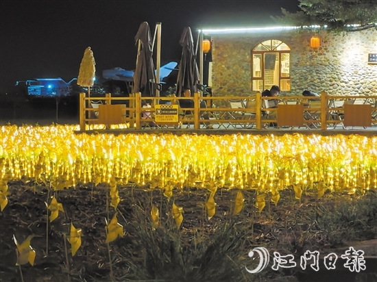 每當(dāng)夜幕降臨，牛欄咖啡店外就會亮起連片“發(fā)光”水稻，搭配上小風(fēng)車，成為當(dāng)?shù)匾菇?jīng)濟(jì)“最靚的店”。