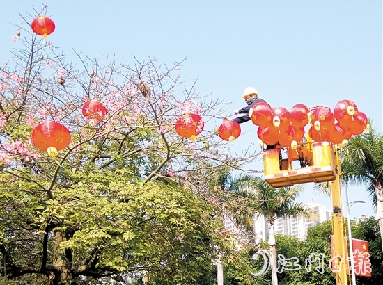 在臺(tái)山城區(qū)街頭，大紅燈籠高高掛起，將城市街道裝點(diǎn)得喜氣洋洋。
