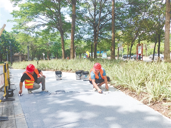 城管部門在釜山公園試點鋪裝樹脂水洗石。