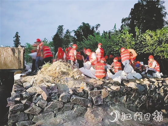 臺風(fēng)來臨前，在西江大堤重要點(diǎn)位，工作人員裝好4000個(gè)沙袋嚴(yán)陣以待。