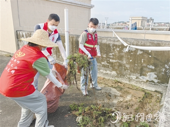 廣大黨員干部當先鋒，圖為鶴山市桃源鎮(zhèn)黨員干部正在清理天臺垃圾。