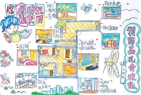 黃柏軒手繪“家庭防蚊檢查圖”，教妹妹如何防蚊。