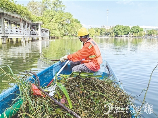 鶴山市對(duì)公園、景區(qū)開(kāi)展環(huán)境治理，清理岸坡垃圾雜草和水面漂浮物。